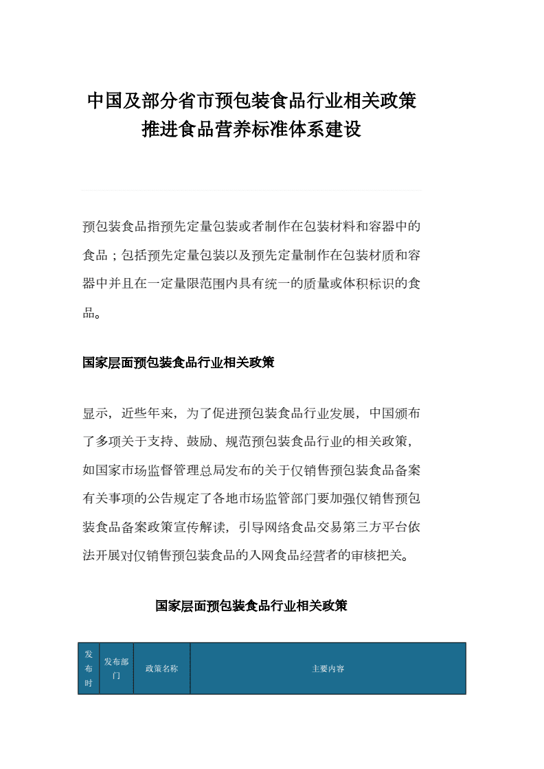 中国及部分省市预包装食品行业政策推动食品营养标准体系建设